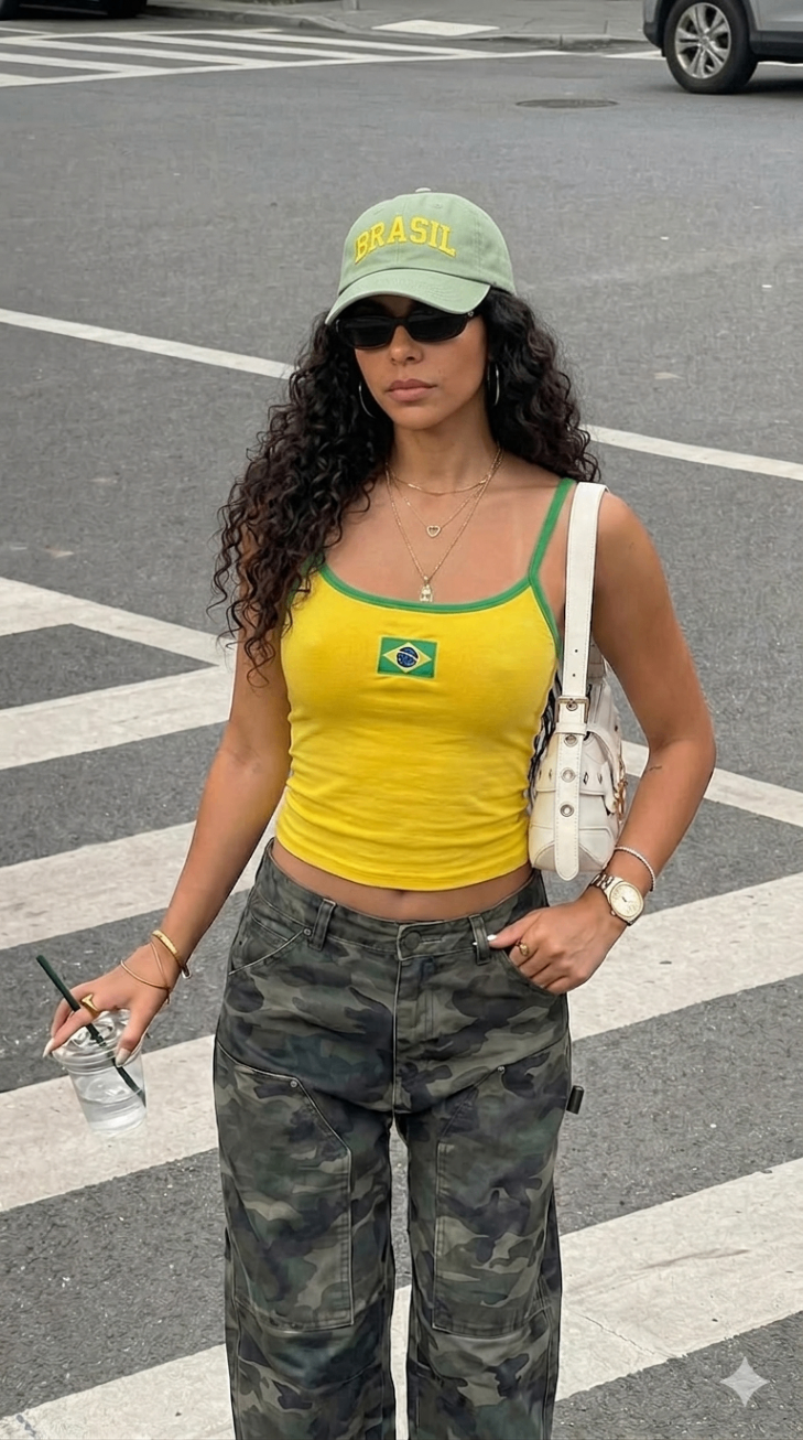 Look urbano com top amarelo e boné Brasil em fotografia vertical de moda casual.