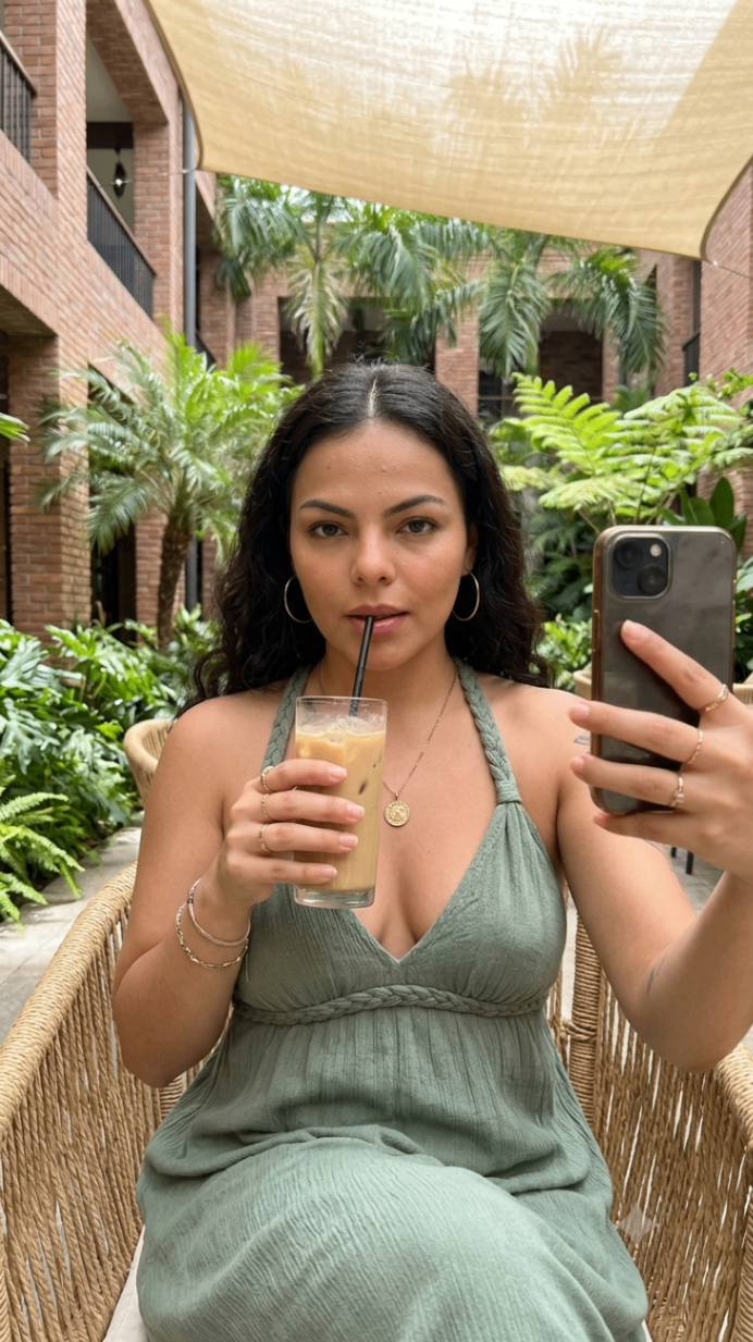 Mulher sentada em área verde tomando café gelado em composição clean e elegante.